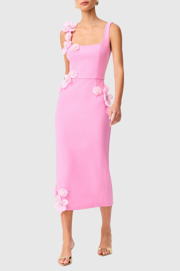 Kaprisha Floral Appliqu¨¦ Embellished Midi Dress - Pink