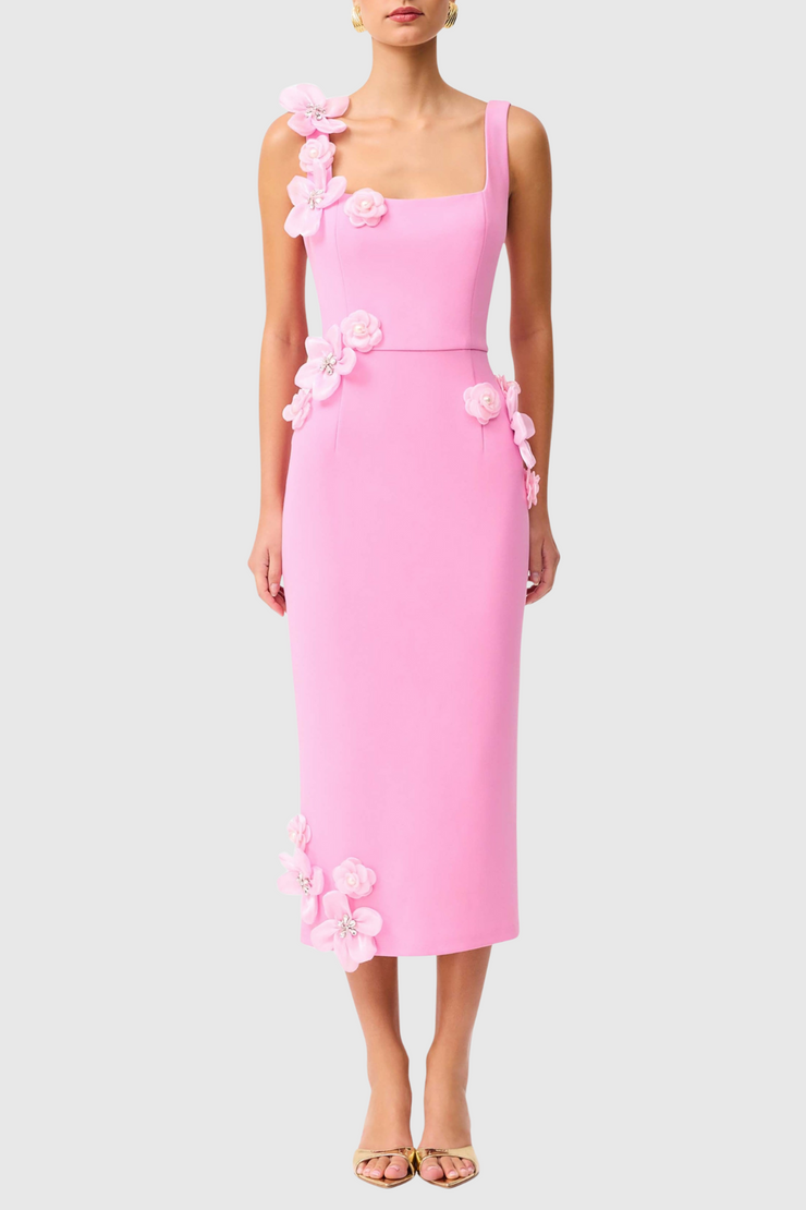 Kaprisha Floral Appliqu¨¦ Embellished Midi Dress - Pink