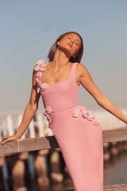 Kaprisha Floral Appliqu¨¦ Embellished Midi Dress - Pink