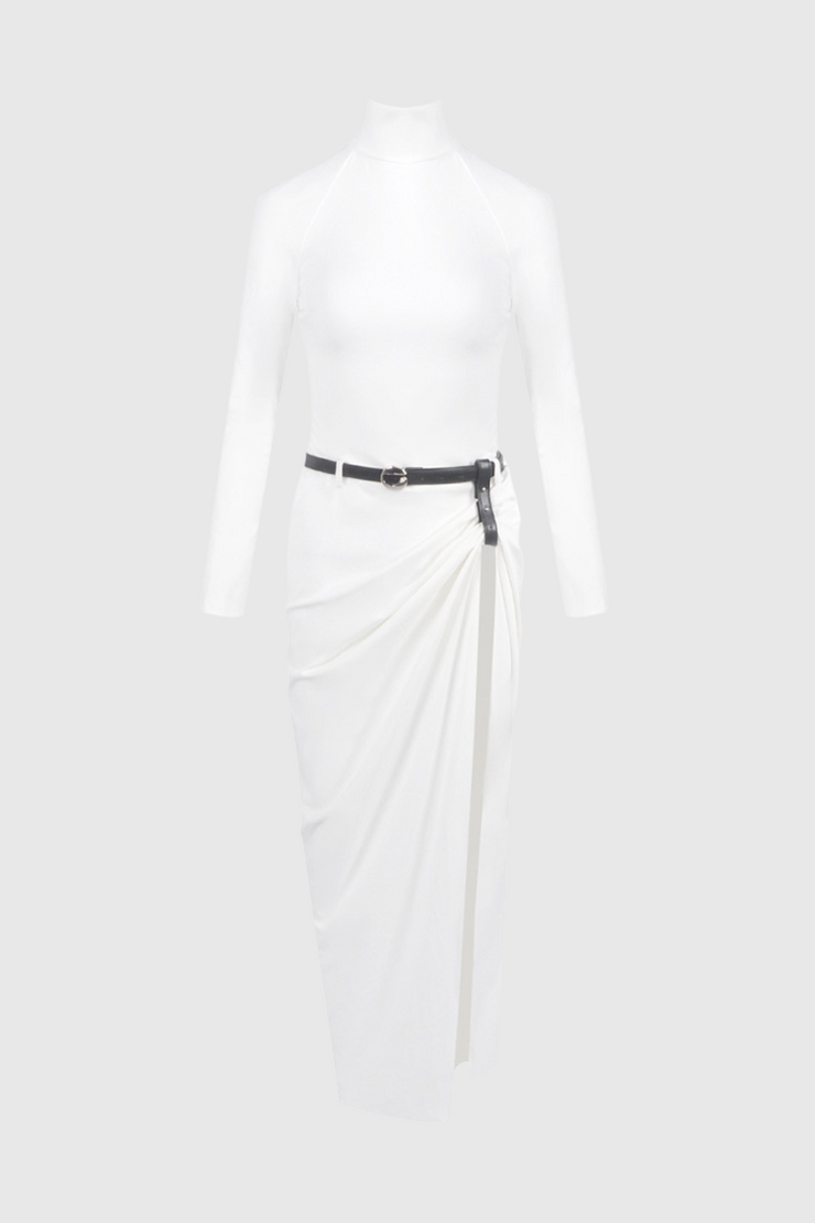 Lombe Ruched Belted Split Maxi Dress