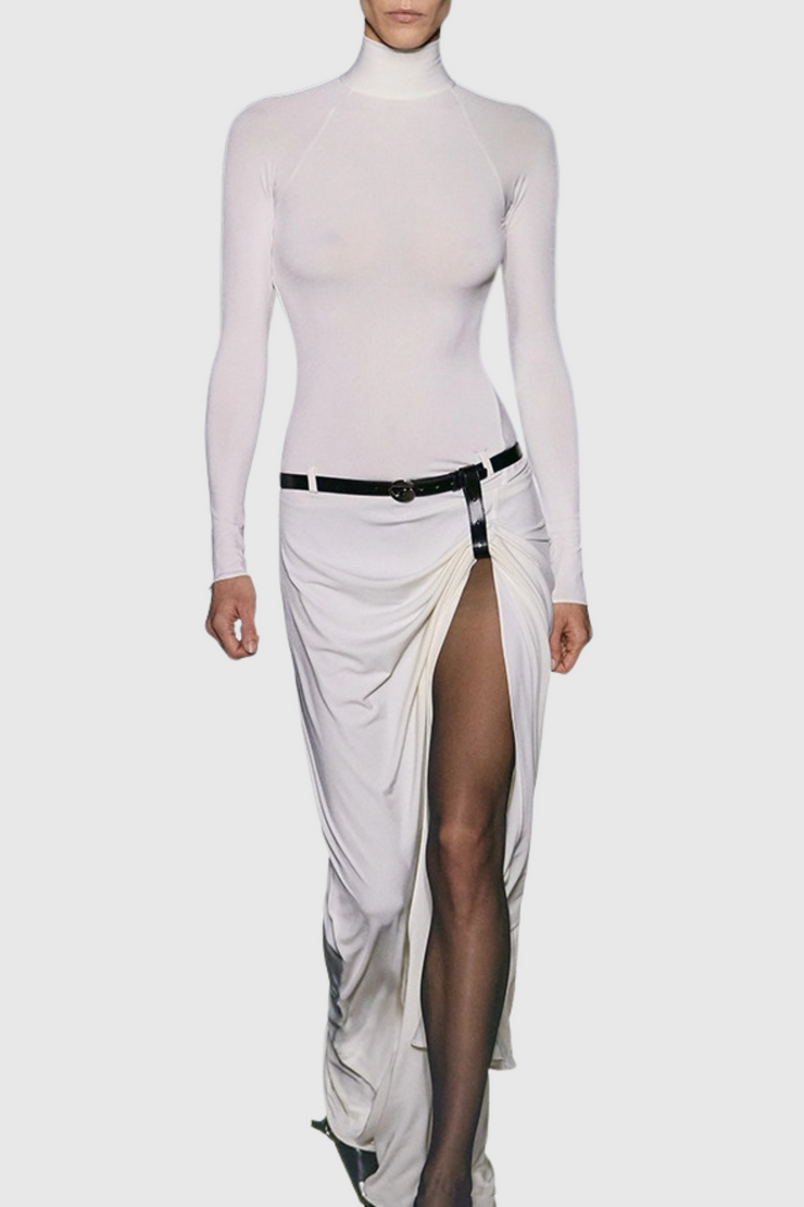 Lombe Ruched Belted Split Maxi Dress