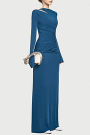 Lysander Asymmetrical Drape Cutout Maxi Dress - Blue
