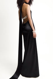 Maelis Pearl Satin Halter Maxi Dress - Black