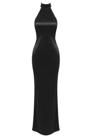 Maelis Pearl Satin Halter Maxi Dress - Black