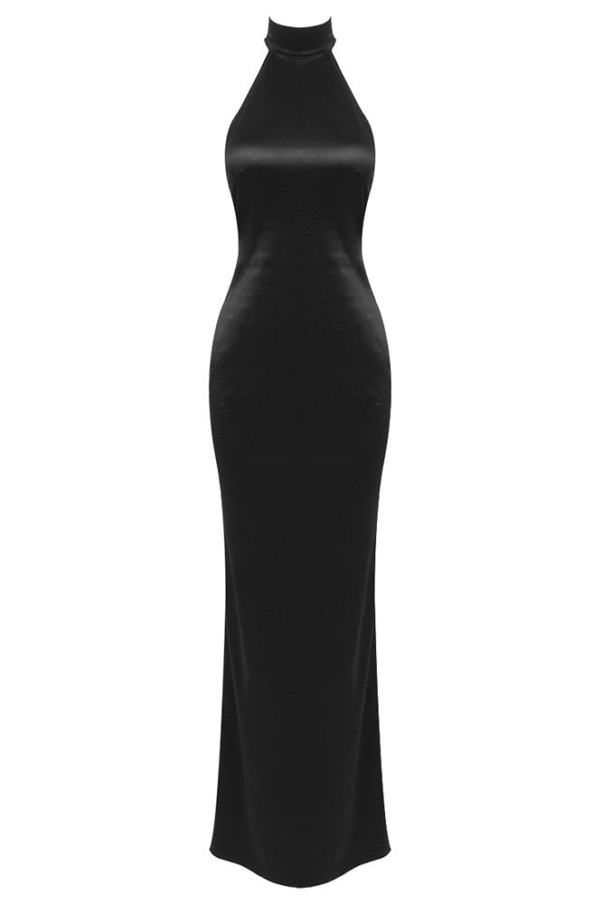 Maelis Pearl Satin Halter Maxi Dress - Black