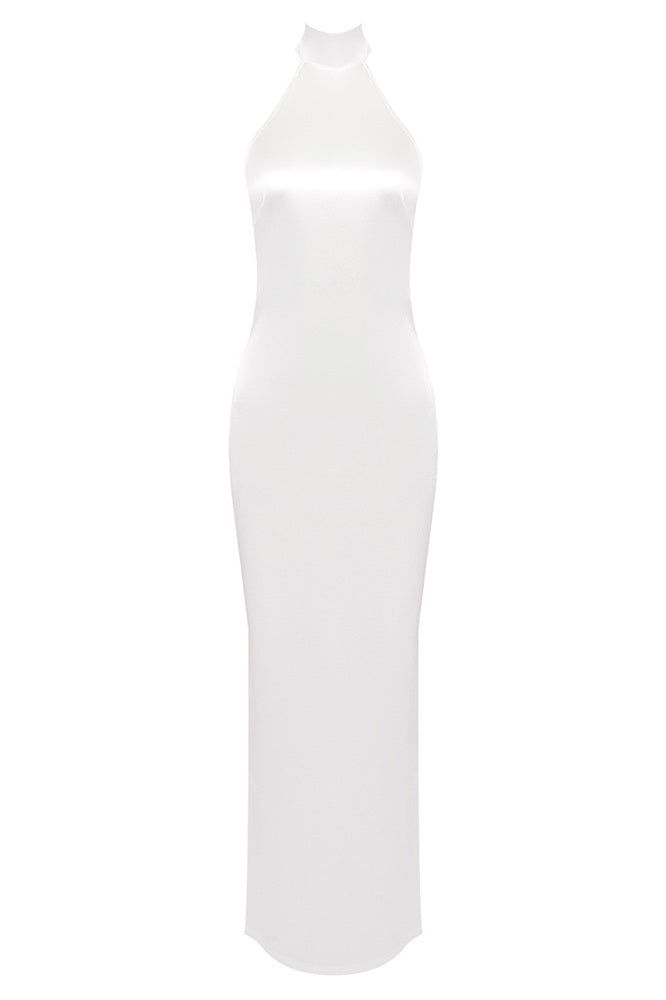 Maelis Pearl Satin Halter Maxi Dress - White