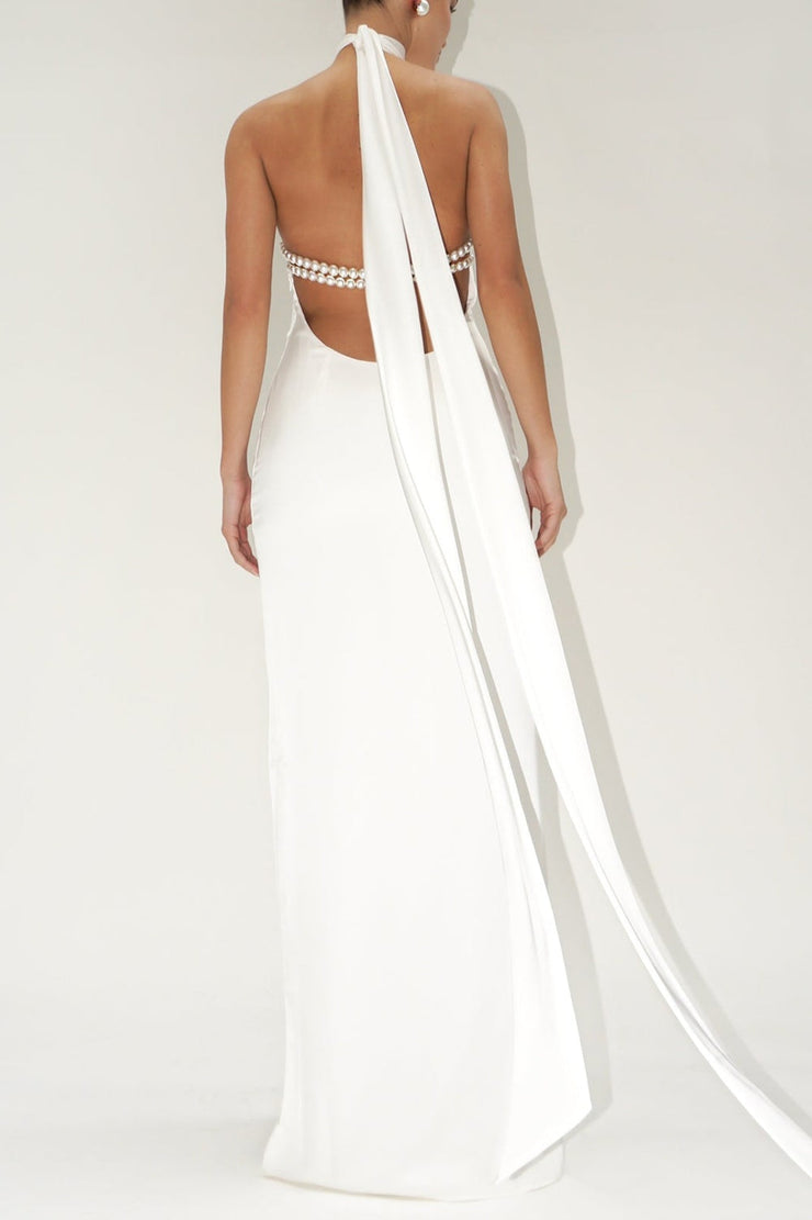 Maelis Pearl Satin Halter Maxi Dress - White