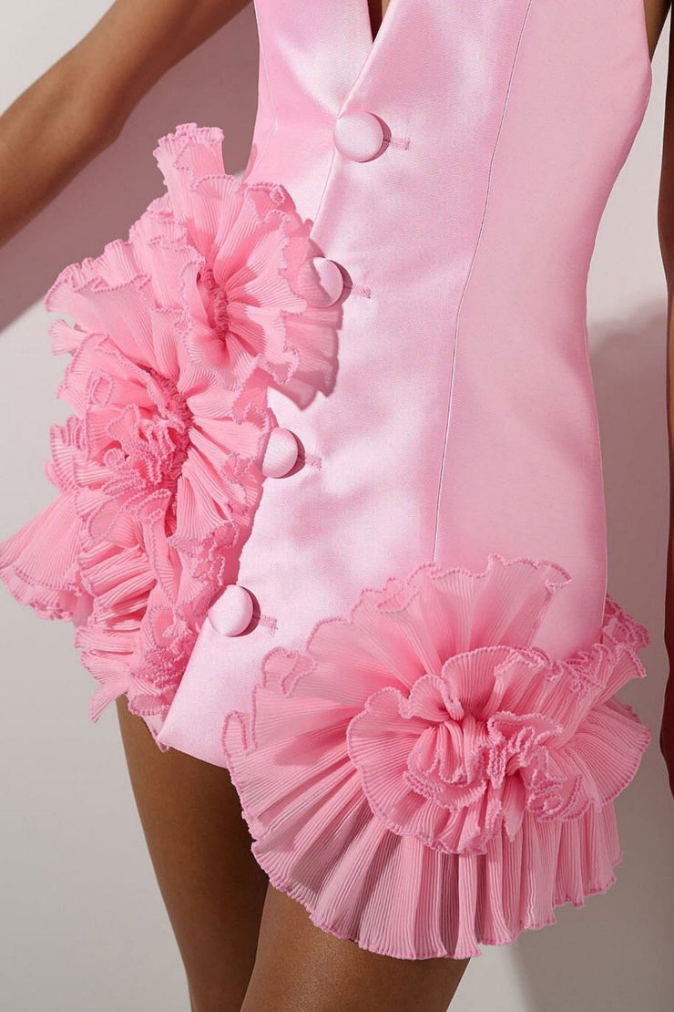 Magezi Satin Floral Halter Mini Dress