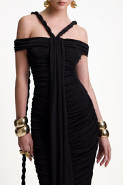Maisie Off Shoulder Rope Ruched Maxi Dress - Black