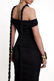 Maisie Off Shoulder Rope Ruched Maxi Dress - Black