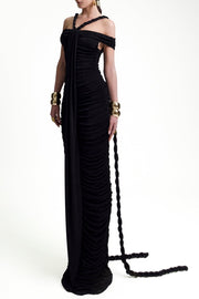 Maisie Off Shoulder Rope Ruched Maxi Dress - Black
