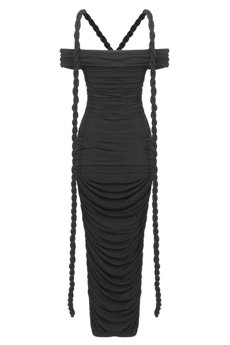 Maisie Off Shoulder Rope Ruched Maxi Dress - Black
