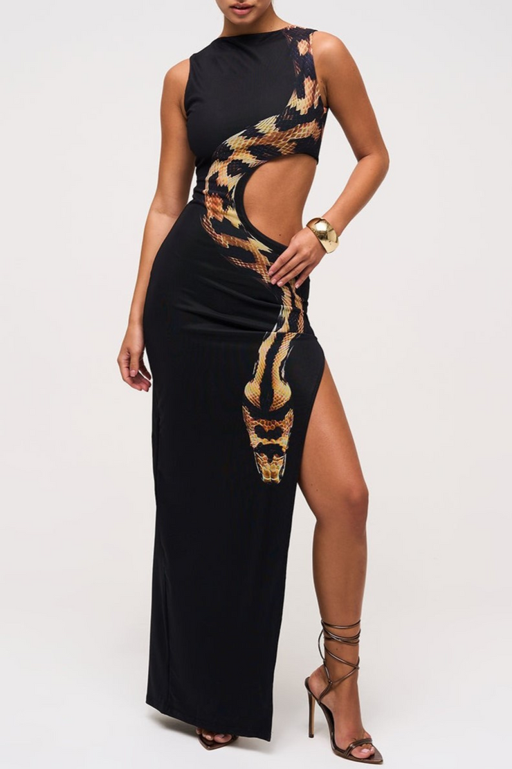 Mateo Snake Print Cutout Maxi Dress
