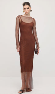 Mesh With Monochrome Lining  Maxi Dress In Coffee