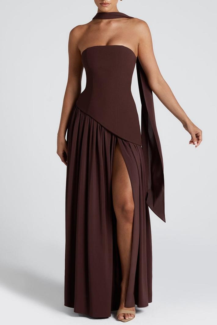 Miloni Strapless Split Maxi Dress - Brown