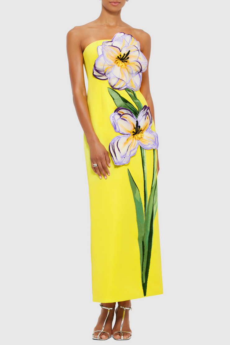 Mimoza Floral Appliqué Strapless Midi Dress - Yellow