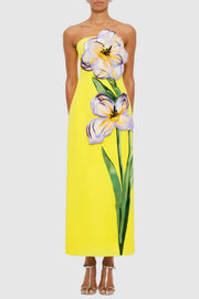 Mimoza Floral Appliqué Strapless Midi Dress - Yellow