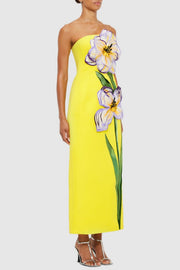 Mimoza Floral Appliqué Strapless Midi Dress - Yellow