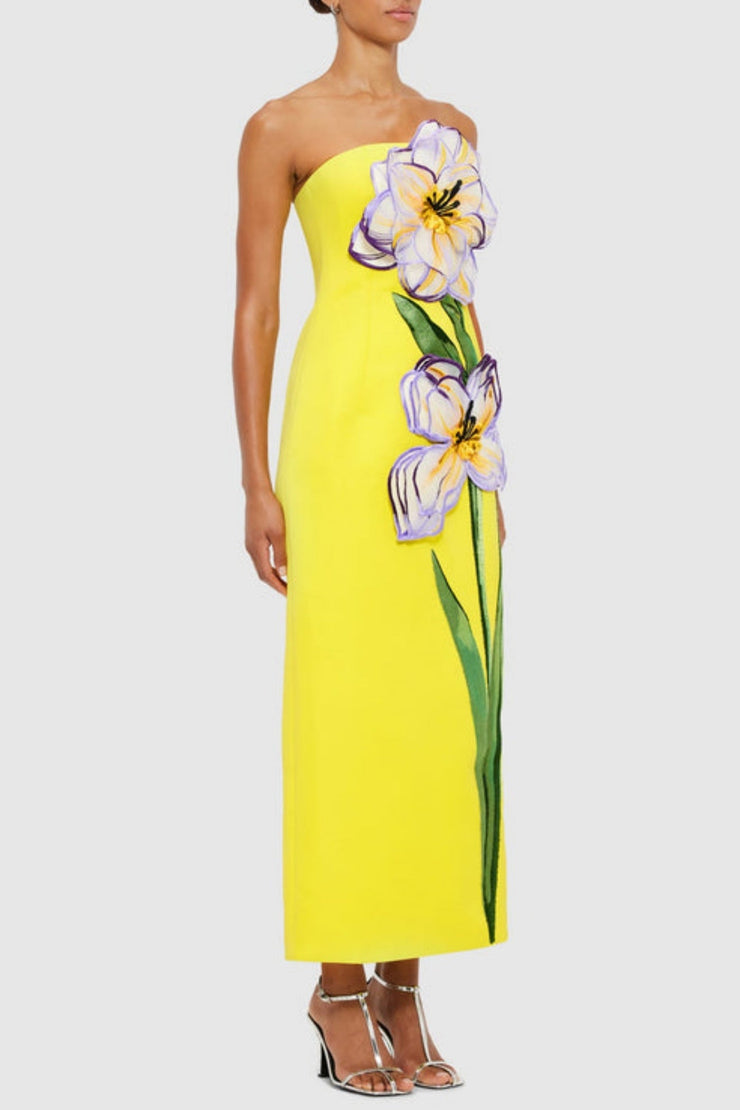 Mimoza Floral Appliqué Strapless Midi Dress - Yellow