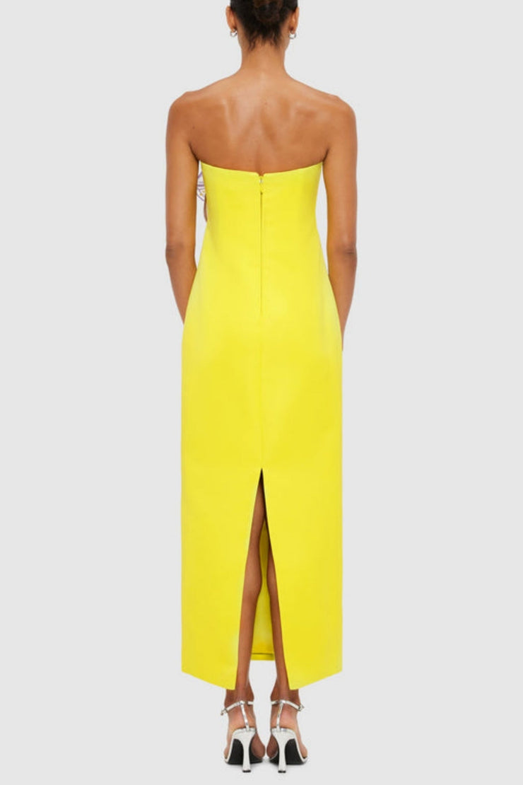 Mimoza Floral Appliqué Strapless Midi Dress - Yellow