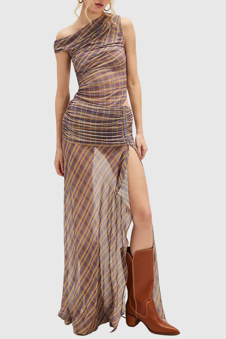 Nashira One Shoulder Asymmetric Ruched Maxi Dress