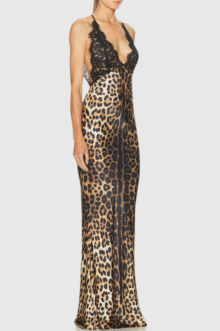 Natsu Halter Lace Leopard Maxi Dress