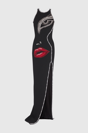 Nikkol Face Motif Pearl Embellished Split Maxi Bandage Dress