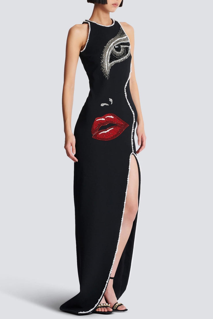 Nikkol Face Motif Pearl Embellished Split Maxi Bandage Dress