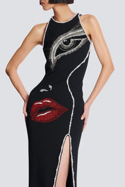 Nikkol Face Motif Pearl Embellished Split Maxi Bandage Dress
