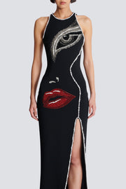 Nikkol Face Motif Pearl Embellished Split Maxi Bandage Dress