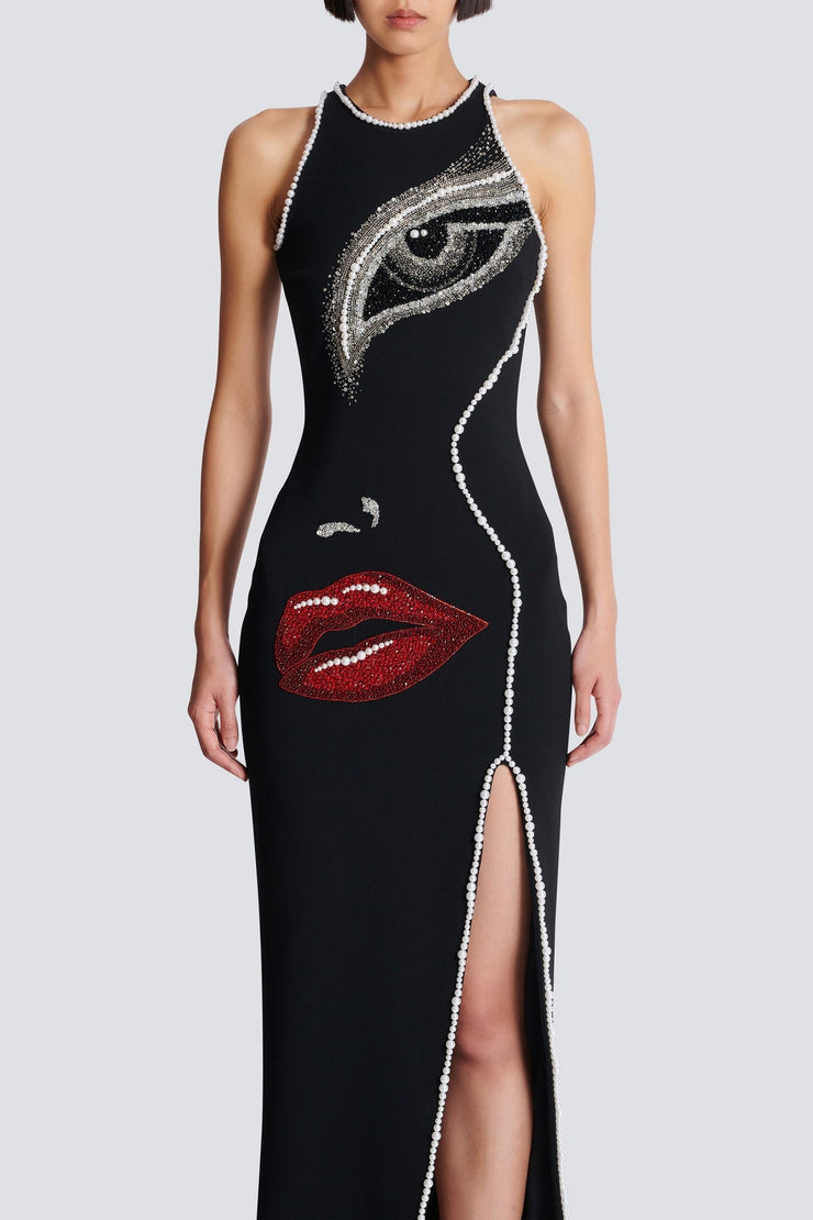 Nikkol Face Motif Pearl Embellished Split Maxi Bandage Dress