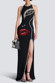 Nikkol Face Motif Pearl Embellished Split Maxi Bandage Dress