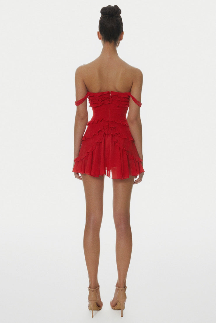 Nirva Off Shoulder Ruffle Mini Dress - Wine