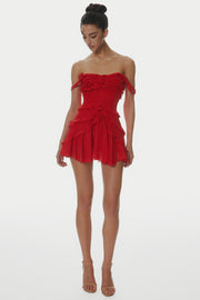 Nirva Off Shoulder Ruffle Mini Dress - Wine
