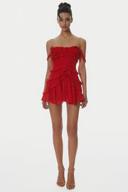 Nirva Off Shoulder Ruffle Mini Dress - Wine