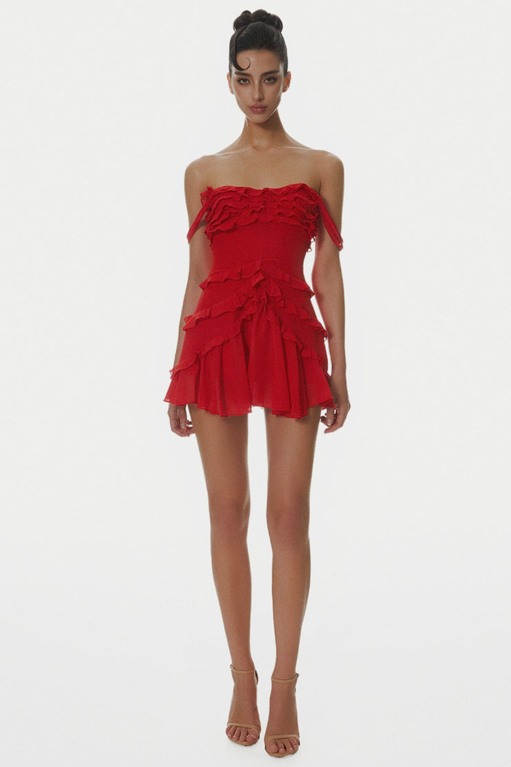 Nirva Off Shoulder Ruffle Mini Dress - Wine