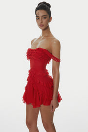 Nirva Off Shoulder Ruffle Mini Dress - Wine