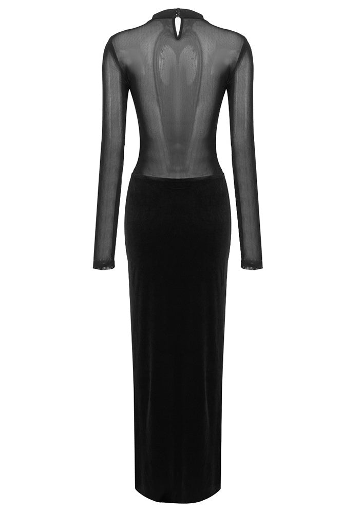Novalee Mesh Long Sleeve Velvet Maxi Dress