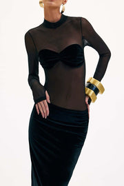 Novalee Mesh Long Sleeve Velvet Maxi Dress