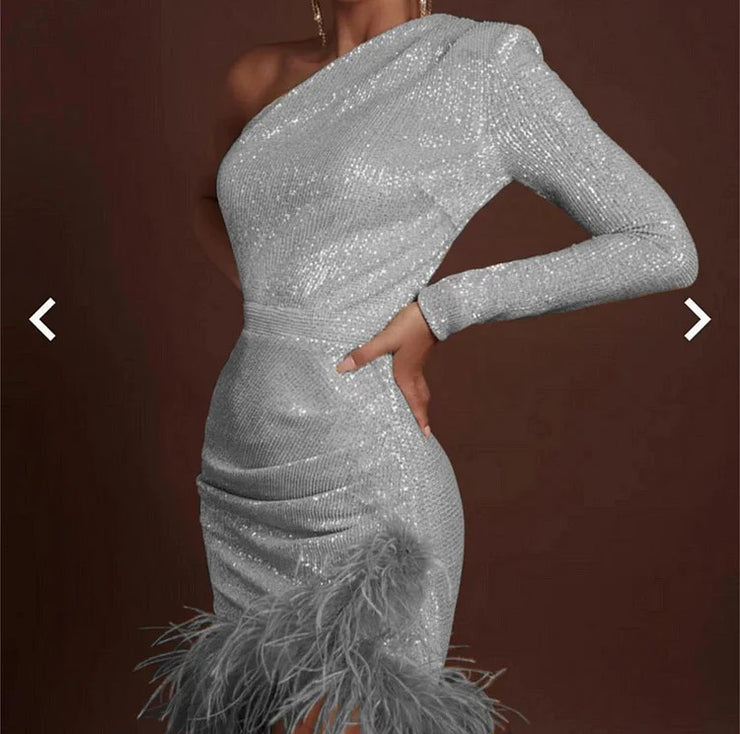 Sexy Women's New Golden Feather Shoulder Mini Dress