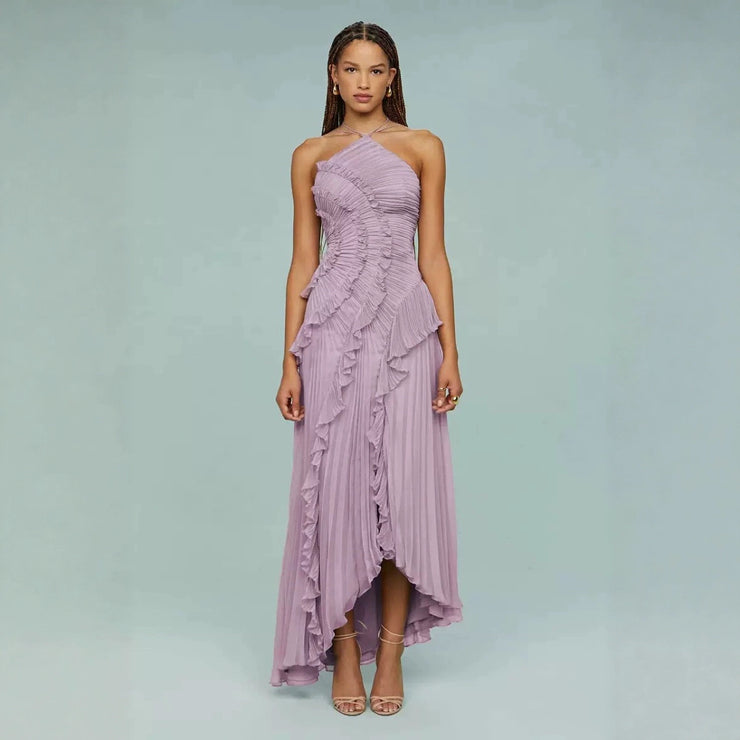 Chiffon Dress Women's Ruffled Pleated Design Slimming Midi Dress European and American Fast Fashion