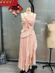 Chiffon Dress Women's Ruffled Pleated Design Slimming Midi Dress European and American Fast Fashion