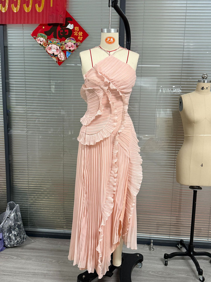 Chiffon Dress Women's Ruffled Pleated Design Slimming Midi Dress European and American Fast Fashion