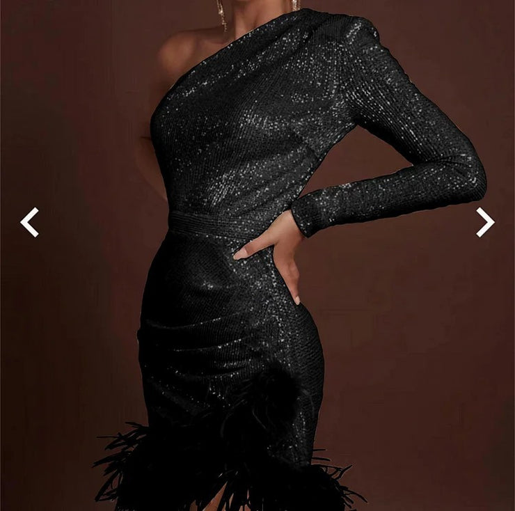 Sexy Women's New Golden Feather Shoulder Mini Dress