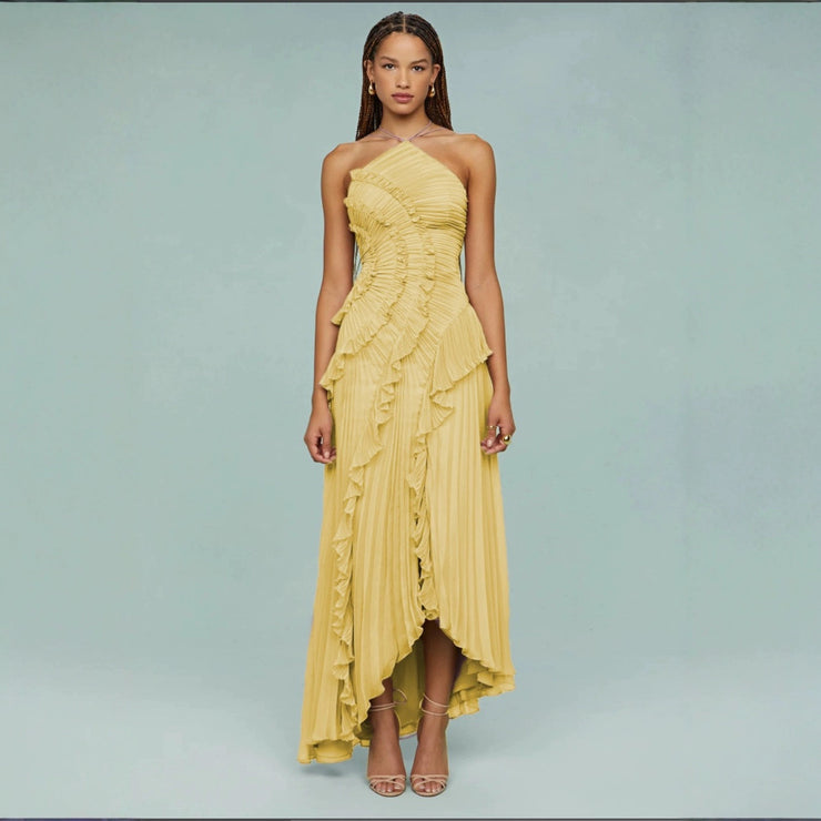 Chiffon Dress Women's Ruffled Pleated Design Slimming Midi Dress European and American Fast Fashion