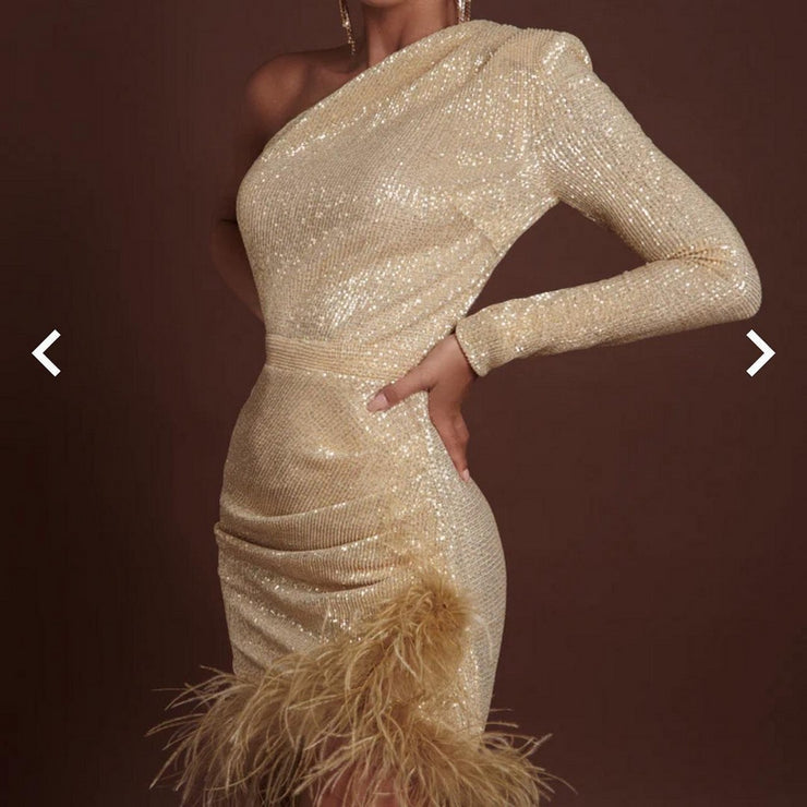 Sexy Women's New Golden Feather Shoulder Mini Dress