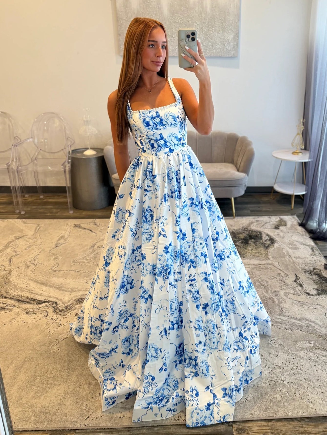 Hand Beading Square Backless Ball Gown Prom Dress - Baby Blue Floral ...