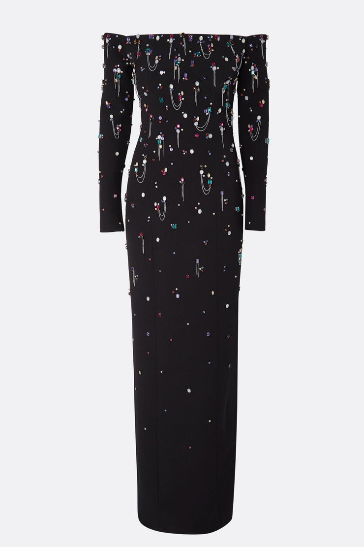 Pamaria Diamante Embroidery Off Shoulder Maxi Dress