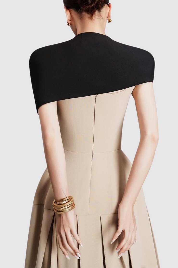 Pasha Cape Asymmetrical Pleated Midi Dress