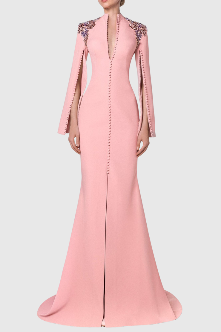 Quara Crystal Shoulder Buttoned Split Maxi Dress
